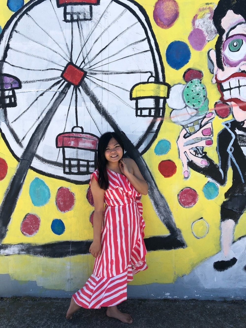Flying Tomato One-Shoulder Coral & White Striped Ruffle High-Low Dress